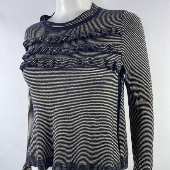 Marella Blue Ruffle Knit Sweater Size XS Gold Stripes Preppy Holiday Jumper - Picture 3 of 8